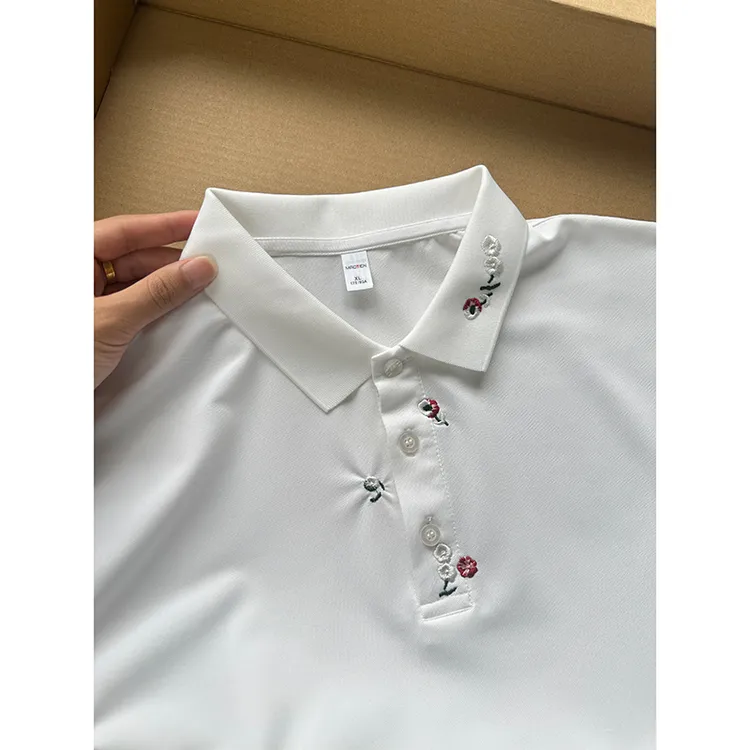 白色花卉刺绣polo衫短袖男夏季高级感痞帅修身正肩t恤美式半截袖