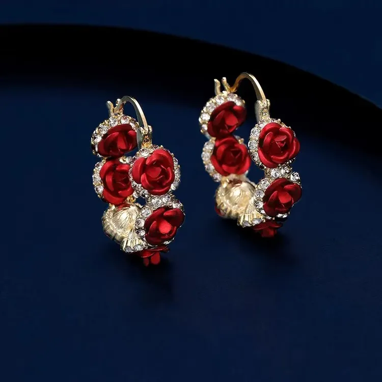 铜合金合成锆石耳饰 红色百搭复古耳环女饰品韩版韩式金色优雅ins