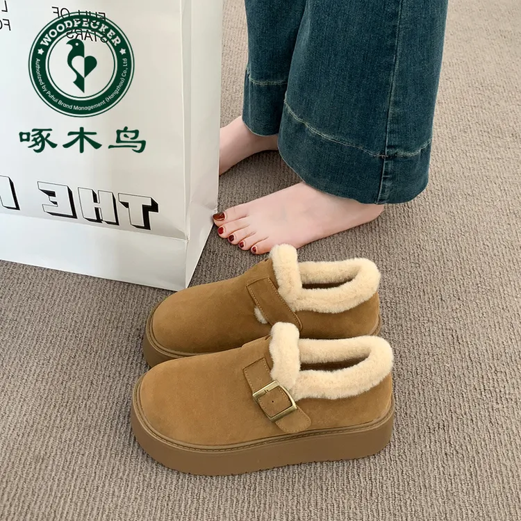 啄木鸟厚底勃肯鞋女款2025冬季新款加绒加厚保暖毛毛雪地棉鞋子女
