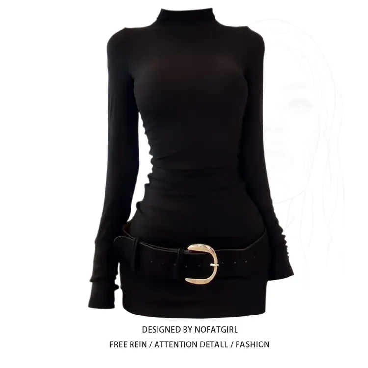 大码胖妹妹纯欲辣妹性感长袖赫本风连衣裙女秋冬修身显瘦打底短裙