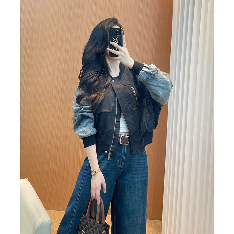 牛仔拼接提花棒球服外套女2025新款轻熟风高级感小个子正流行夹克