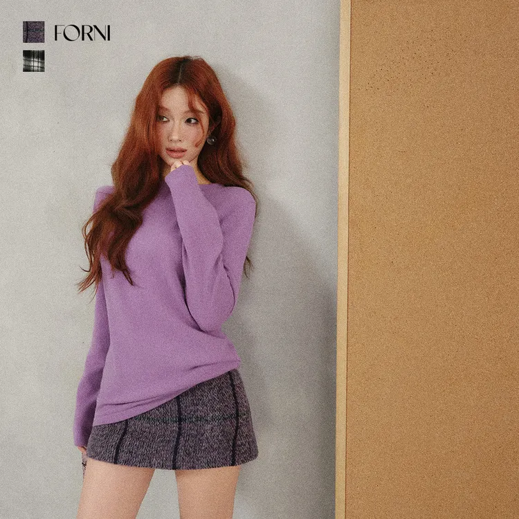 FORNI 莫奈花园 优雅小香风撞色格纹毛呢半身裙