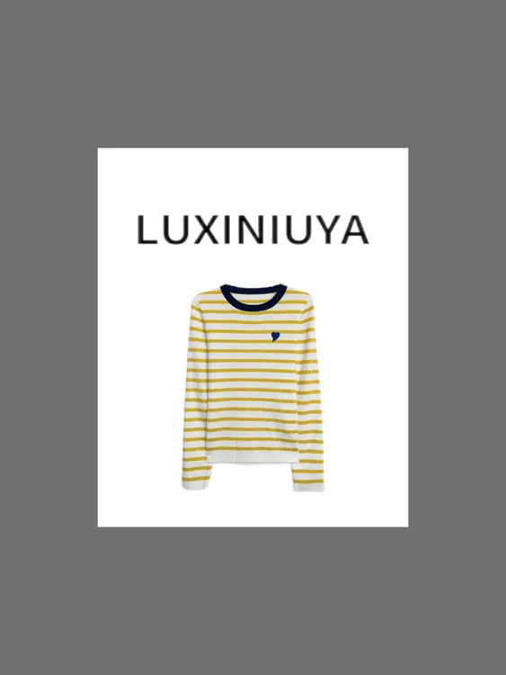 【LUXINIUYA】心跳条纹 100羊毛爱心刺绣设计感撞色针织衫#QDS229