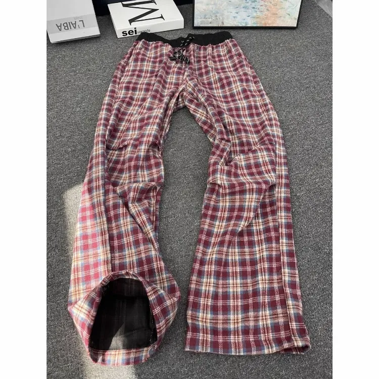 美式复古红色格子裤男夏早秋cleanfit褶皱夏季裤子微喇直筒裤潮牌