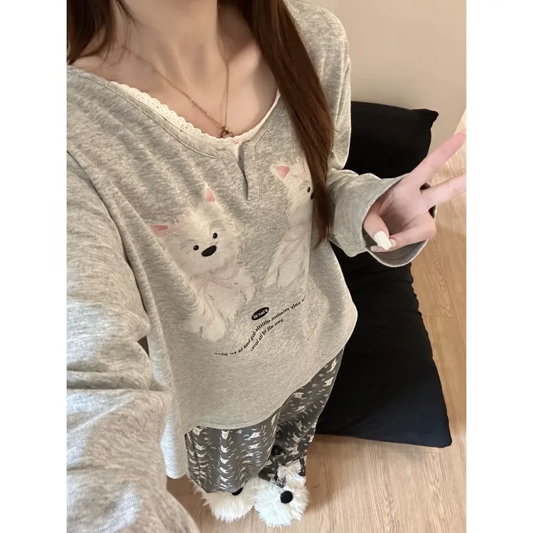 韩系甜美卡通小狗蕾丝边睡衣女秋季新款长袖长裤家居服套装可外穿