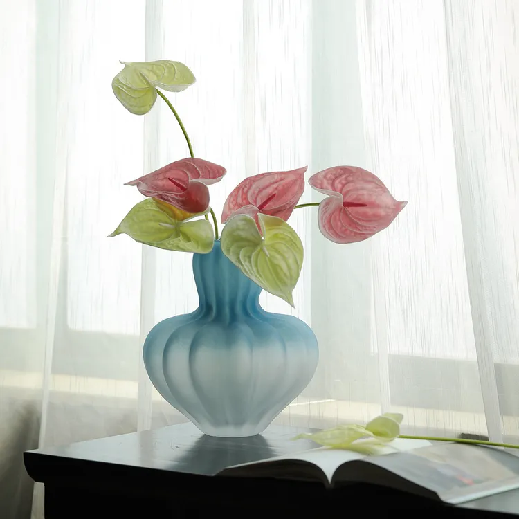 大相莲花「雾海听蓝」中古玻璃花瓶 蓝色多巴胺磨砂花器 水养花插