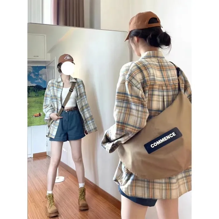 秋季格子衬衫女韩版慵懒时尚宽松显瘦百搭开衫休闲外套女装设计感