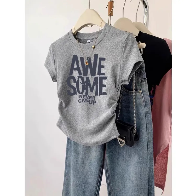 韩版女装夏季新款正肩短袖t恤女冰丝螺纹胖mm大码设计感小众上衣