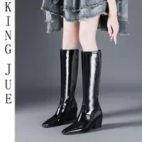 【王爵】黑色亮皮高筒骑士靴/尖头粗跟牛皮长筒不过膝靴/黑色高筒靴