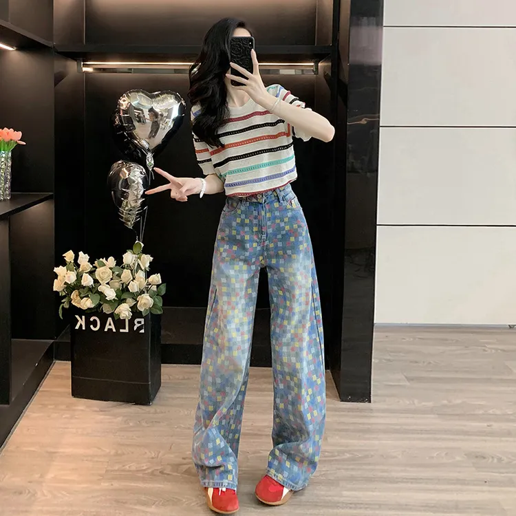 休闲套装女装2025新款爆款显瘦条纹针织减龄上衣小方块印花牛仔裤