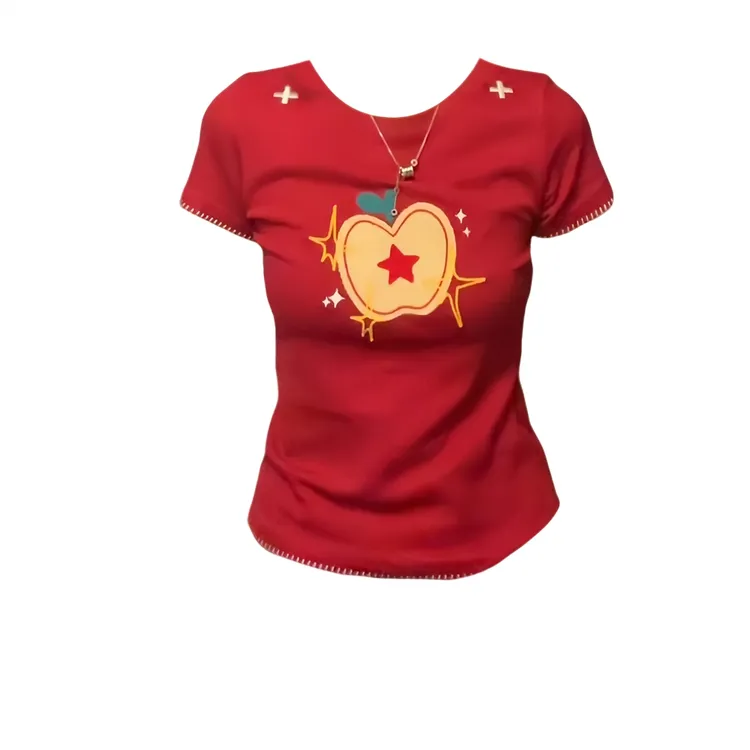 大码胖MM美式复古星星苹果刺绣正肩短袖T恤女夏季甜酷辣妹上衣潮