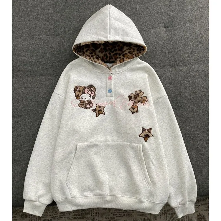 女白色刺绣豹纹连帽宽松带帽卫衣加绒卡通猫常规款