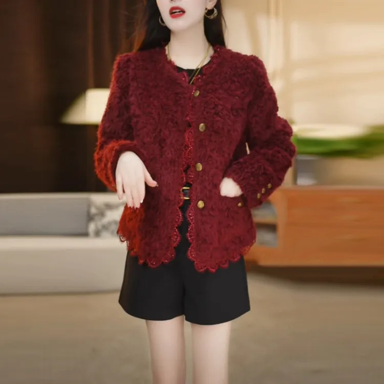 托斯卡卷毛小个子短款外套2025冬季新款红色洋气质保暖小香风上衣