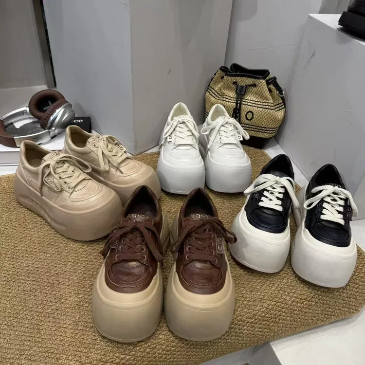 广州欧货【栗子棕】秋抹金真皮7cm擦色系带呆萌学院气质厚底松糕鞋