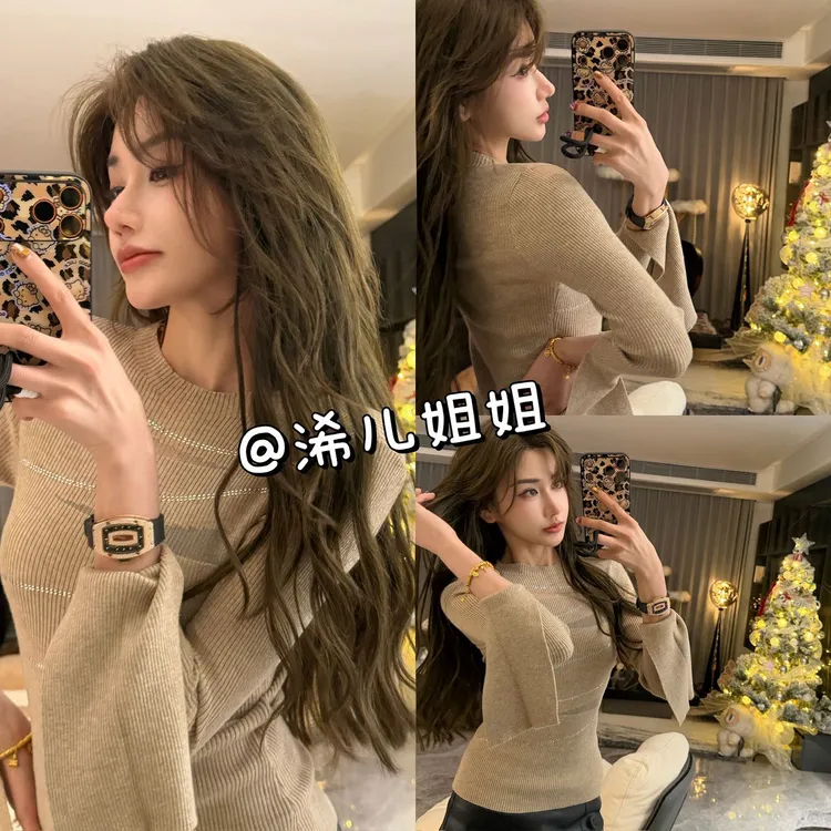 喇叭袖针织烫钻上衣