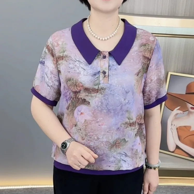 夏季新款洋气印花翻领中老年气质妈妈装宽松显瘦短袖上衣H2168