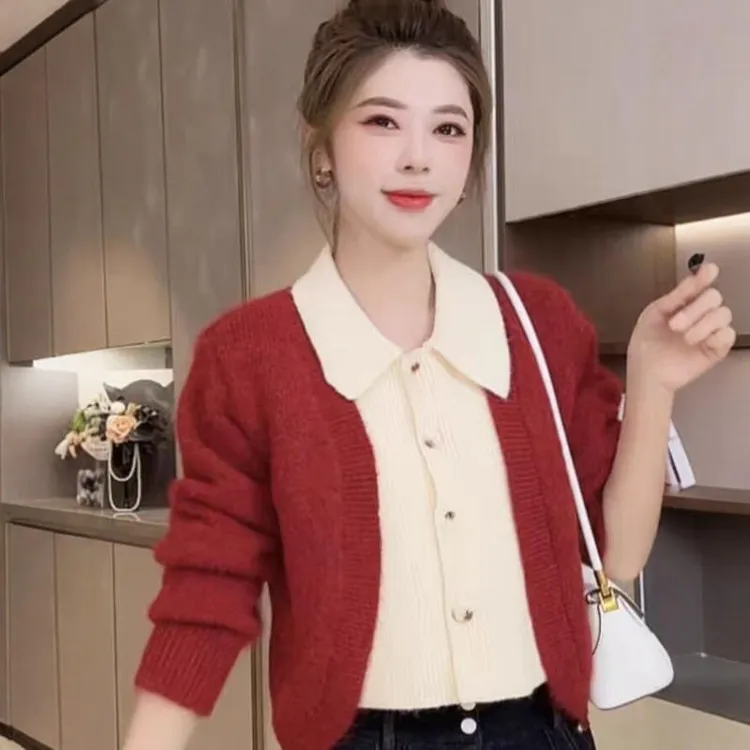 设计感拼接衬衫领毛衣女秋冬新款小香风撞色针织宽松显瘦减龄上衣