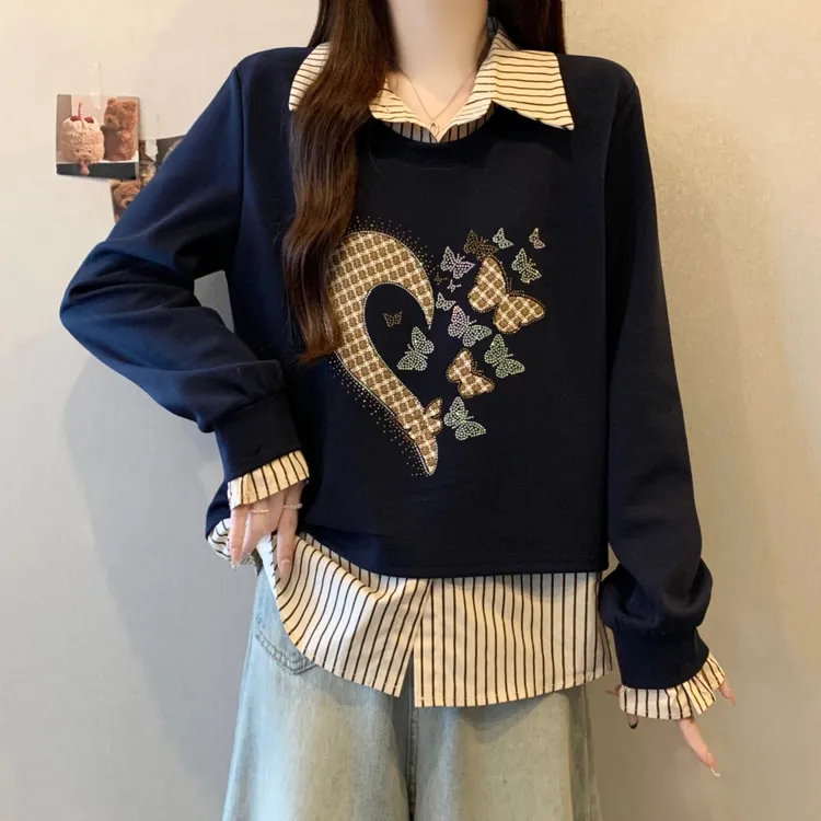 大码假两件重工烫钻条纹衬衫拼接卫衣女秋冬胖MM宽松显瘦洋气上衣