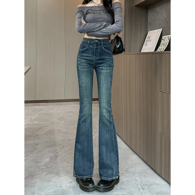 美式复古马蹄裤女2024早秋新款水洗微喇牛仔裤辣妹高腰修身拖地裤