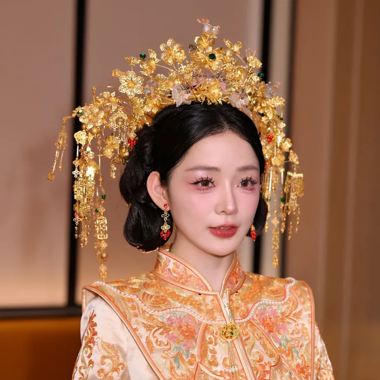 予禧-15406新娘大气饰中式黄色古风汉服秀禾服龙凤褂流苏发饰