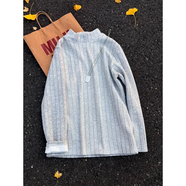 浅灰色半高领打底衫男秋冬美式复古正肩长袖t恤内搭保暖加绒卫衣