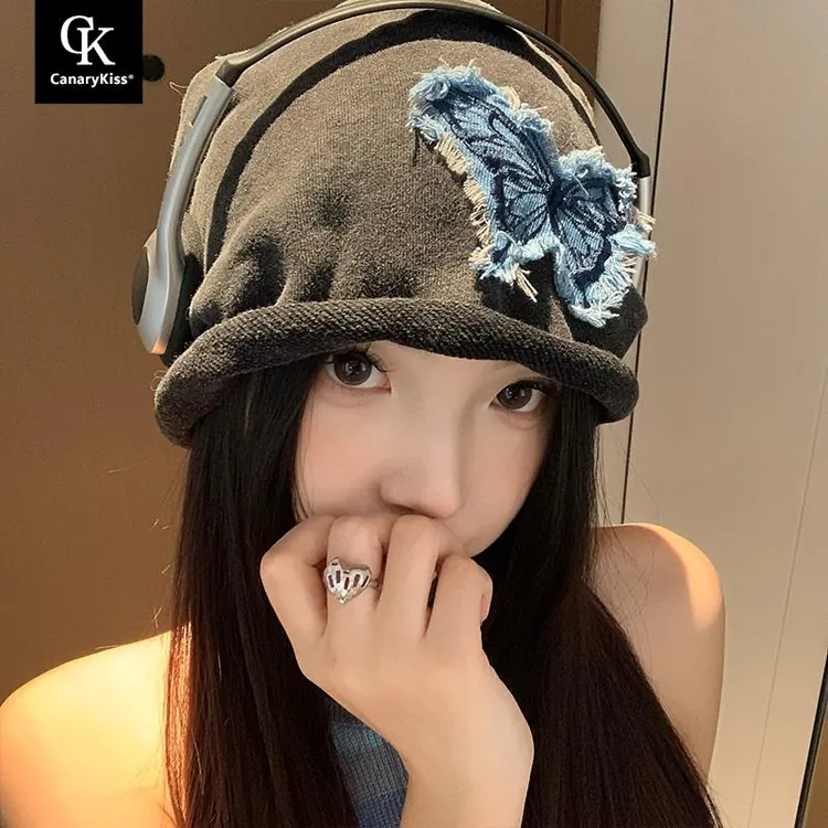CanaryKiss新中式复古蝴蝶结刺绣堆堆帽女休闲大头围小众套头帽秋