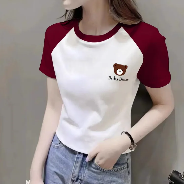 正肩短袖t恤女夏季洋气减龄印花体恤衫修身显瘦半袖撞色插肩上衣