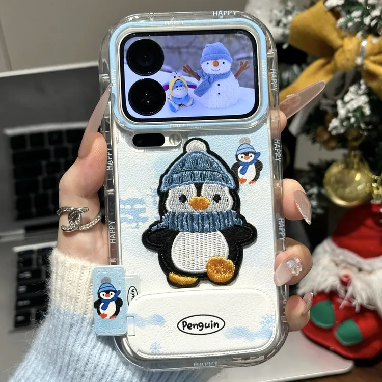 冬雪企鹅刺绣支架适用苹果16/17promax手机壳14华为vivoppo小米15