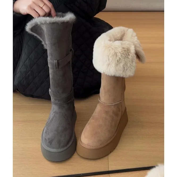 皮毛一体雪地靴冬季新款时尚骑士靴卡扣两穿厚底中筒靴增高保暖