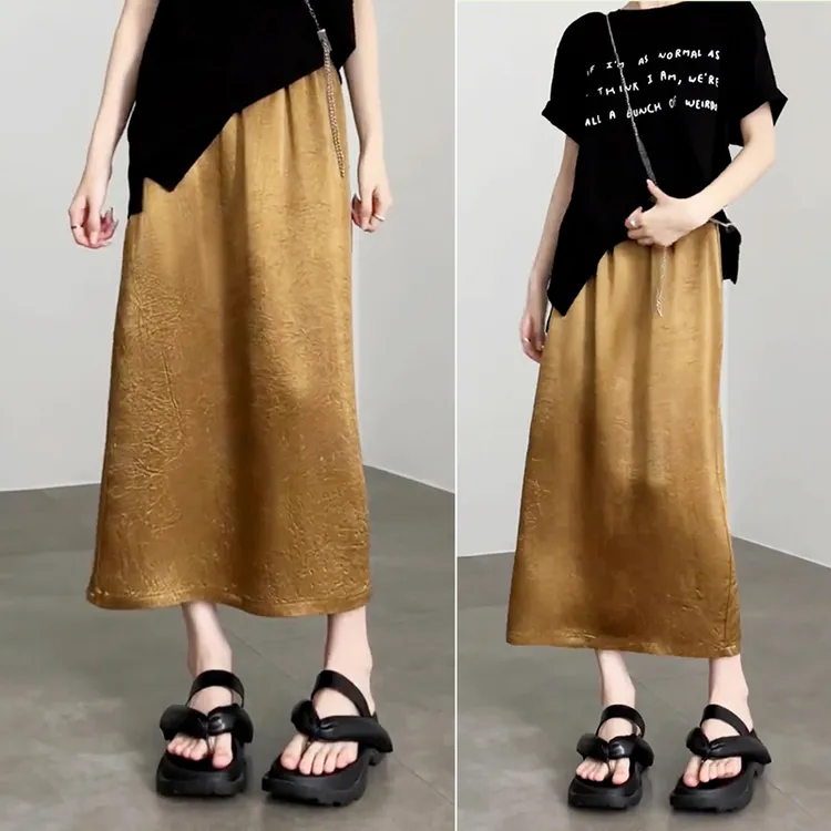 醋酸半身裙高级感长款缎面气质裙子女夏季开叉中长裙垂坠感a字裙