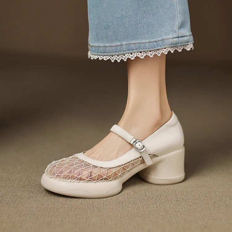 绝美巨好看厚底网纱镂空透气单鞋女浅口高跟鞋女粗跟小个子玛丽珍