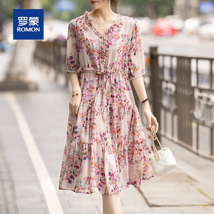 罗蒙法式妈妈装高档连衣裙女新款夏季显瘦宽松减龄印花中长款裙子