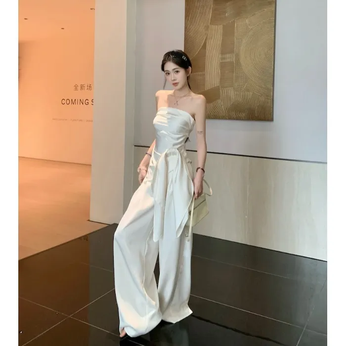 辣妹绑带修身露背抹胸背心女夏季高级感套装缎面休闲阔腿裤两件套