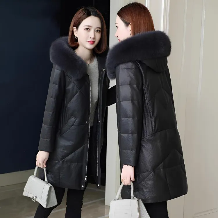 时尚大毛领皮羽绒棉服女冬季2025新款韩版修身中长款海宁皮衣外套