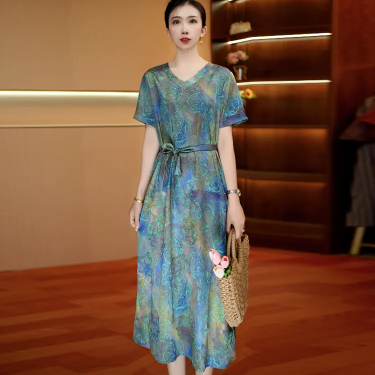 蓝翠幻影V领腰风裙 爆款中长款夏季时连衣裙百搭遮肉裙子