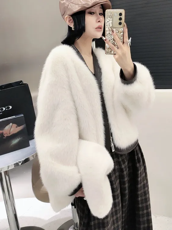 2025爆拉链V领时尚青春减龄毛毛外套冬季2591