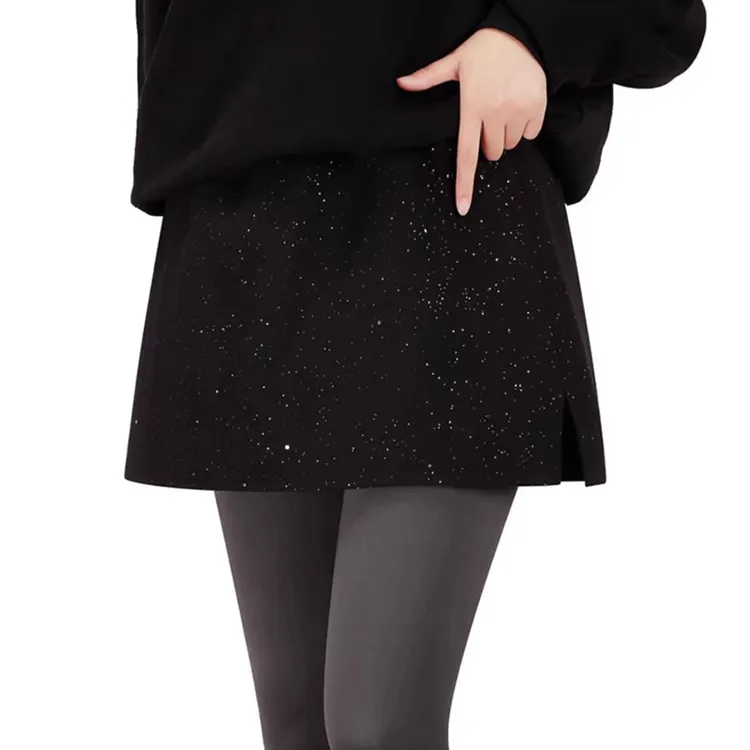 2025新款高级黑色亮片屁帘女叠穿鲨鱼裤遮臀小香风A字短裙半身裙