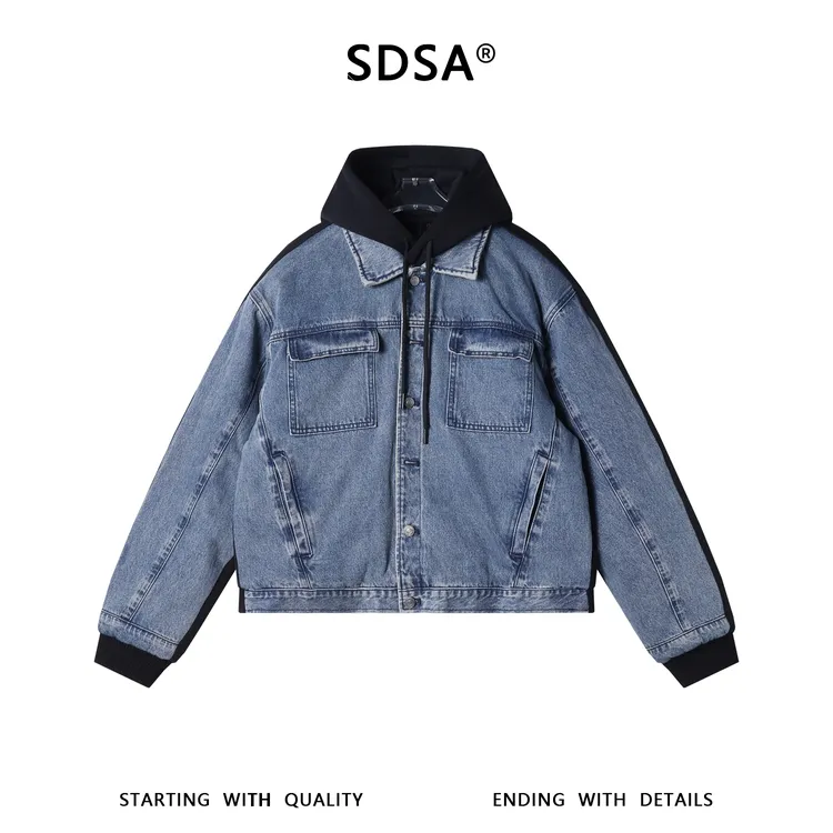 SDSA男士秋冬新款痞帅男装美式潮牌牛仔羽绒服拼接水洗百搭外套