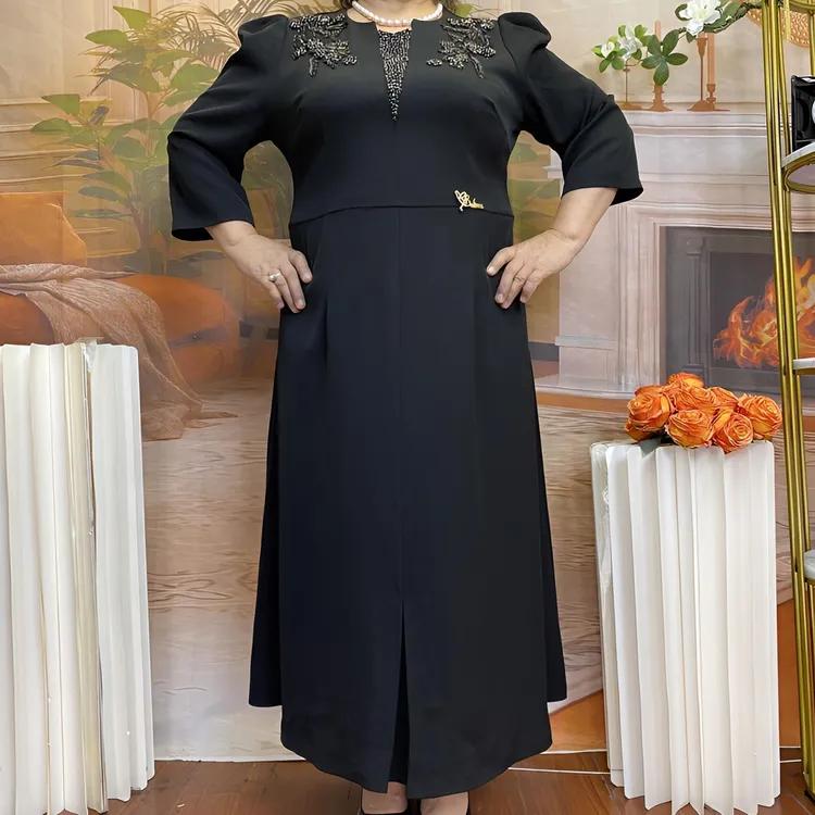 圆领七分袖重工艺优雅气质中老年连衣裙