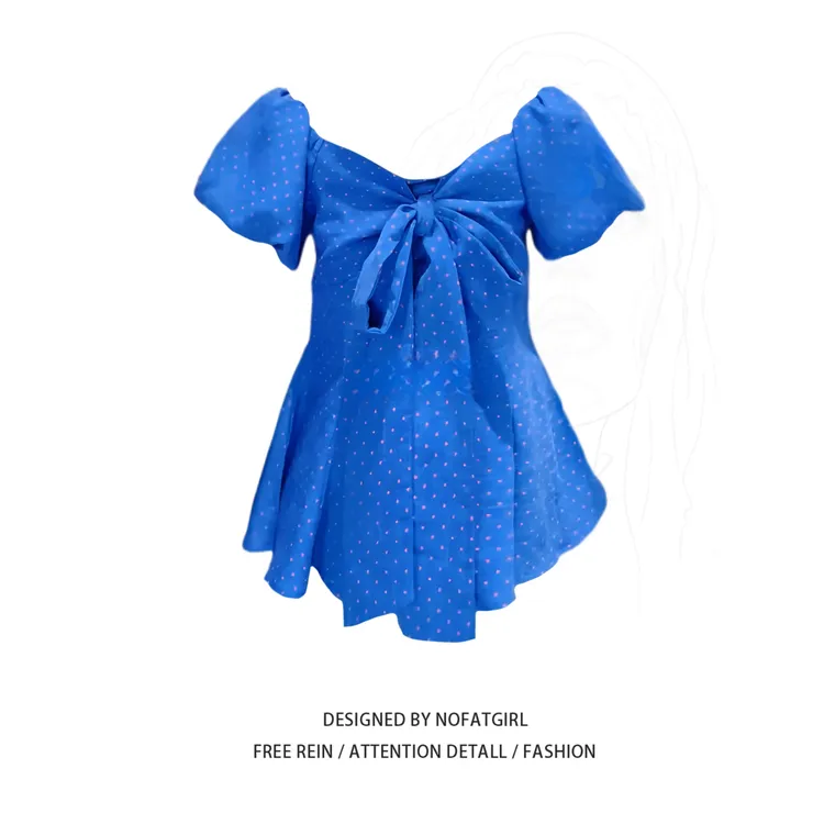 大码胖MM法式甜美辣妹一字肩绑带衬衫女夏季设计感收腰泡泡袖上衣