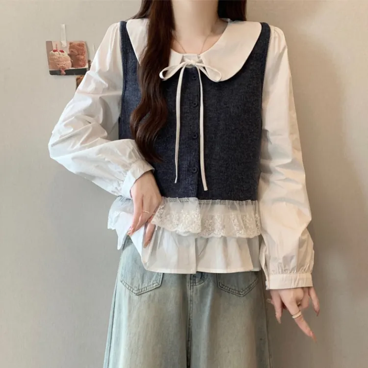 大码蕾丝拼接针织马甲+娃娃领衬衫两件套女春秋胖MM百搭洋气上衣