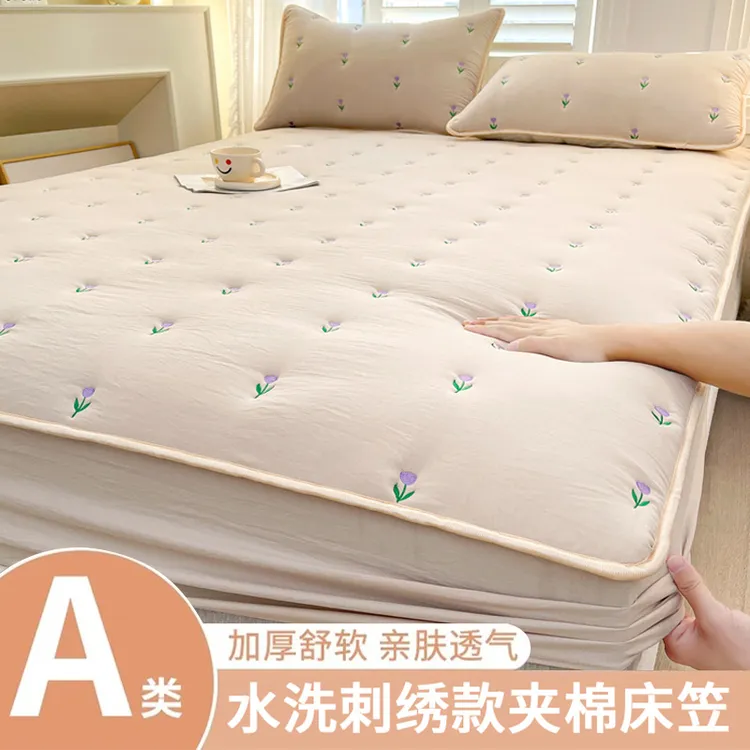 V/雅鹿刺绣加厚夹棉床笠罩单件床垫保护罩床套罩防滑床单四季通用