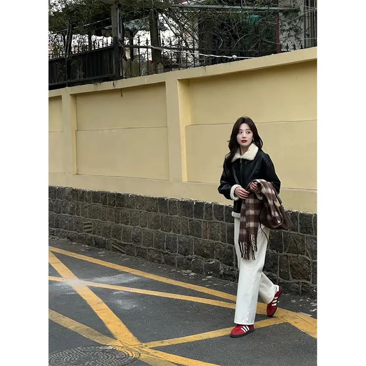韩系时尚高级感气质复古毛毛领保暖长袖夹克外套高腰直筒百搭长裤