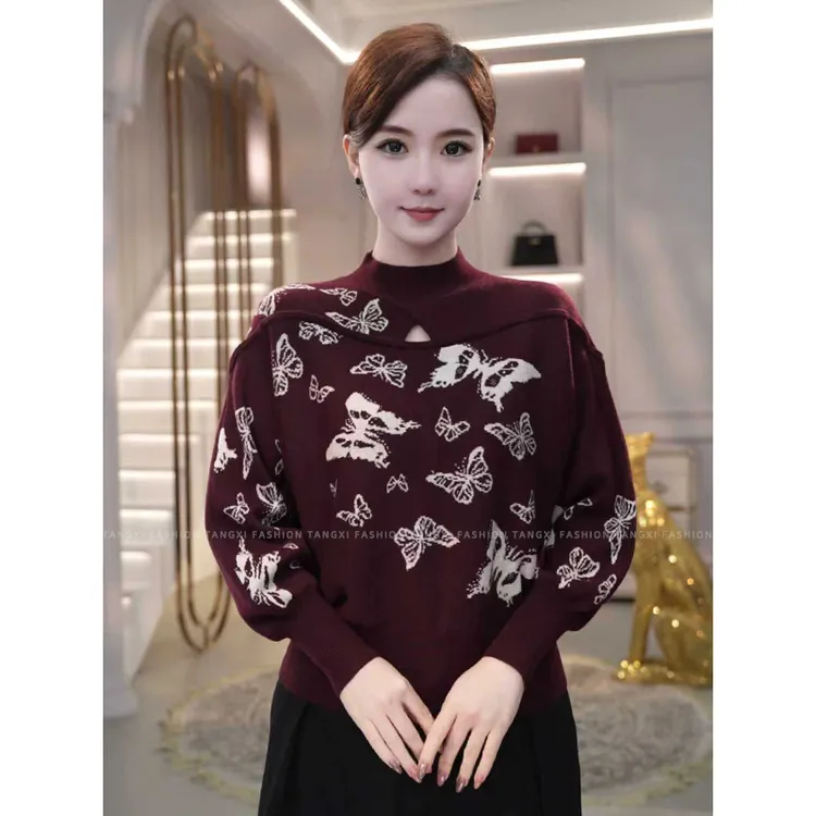 2025秋冬新款【QQ-1261PY】醋酸天丝羊毛爆款蝴蝶紫红色长袖针织衫