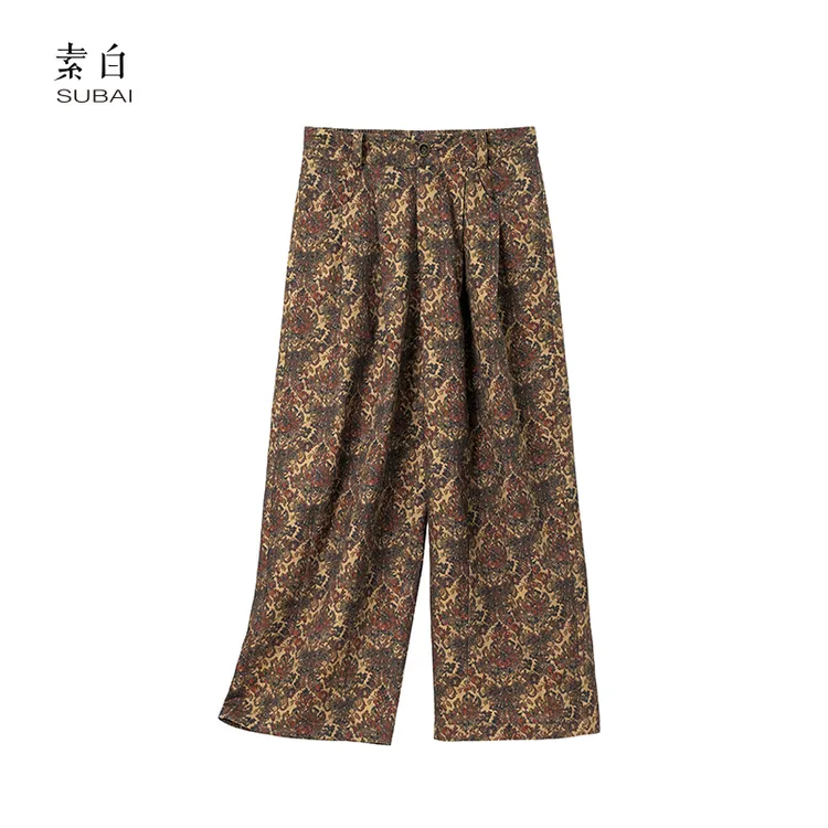 素白【岁月】印花休闲裤K01817时尚洋气慵懒松弛感显瘦直筒裤