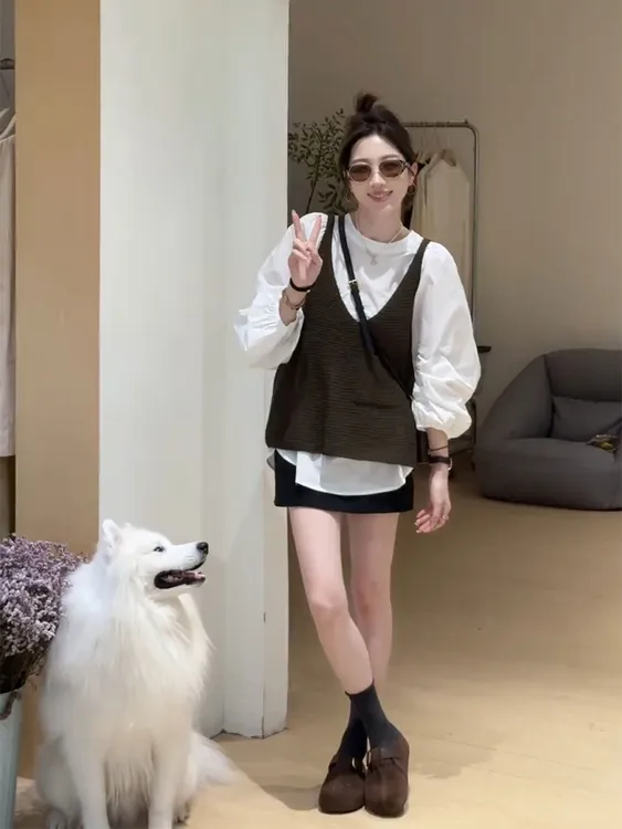 2025秋季新款韩版宽松显瘦百搭长袖衬衫女针织马甲两件套小众上衣