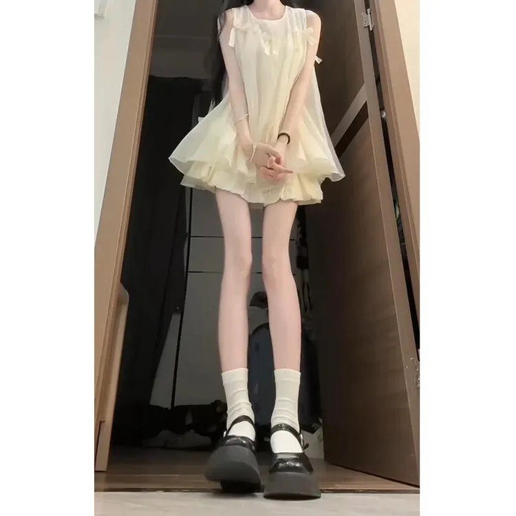 甜美少女风重工蝴蝶结背心套装女夏季新款减龄无袖a字娃娃衫上衣