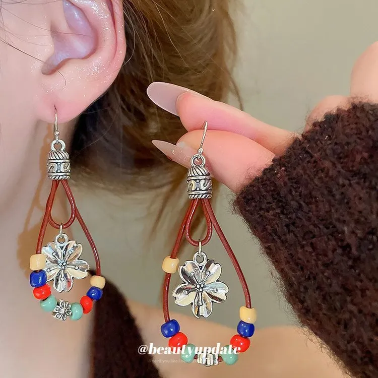 铜合金木质耳饰 民族风木珠花朵水滴形吊坠耳钩多巴胺小清新耳环