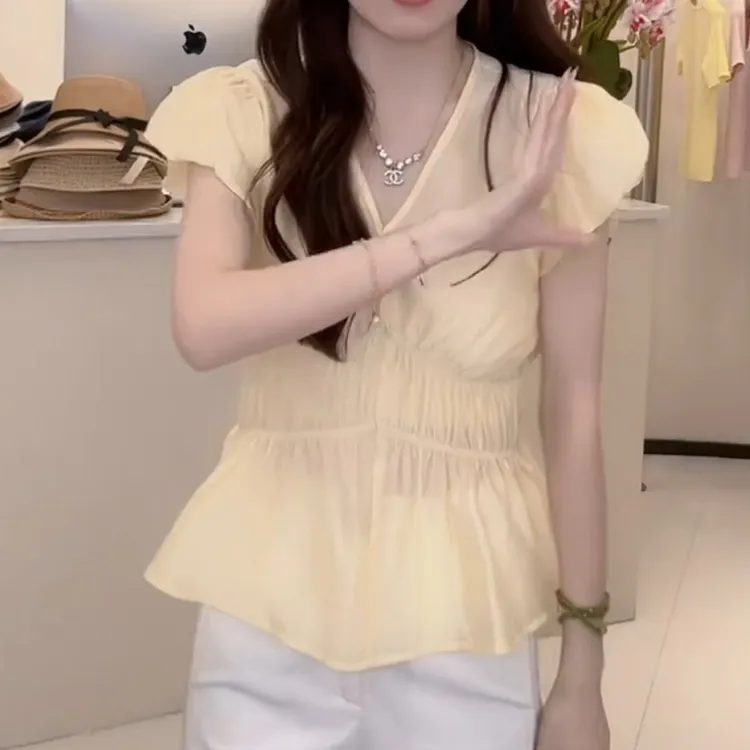 夏季韩版纯色褶皱收腰V领小衫上衣百搭时尚减龄LK2503737