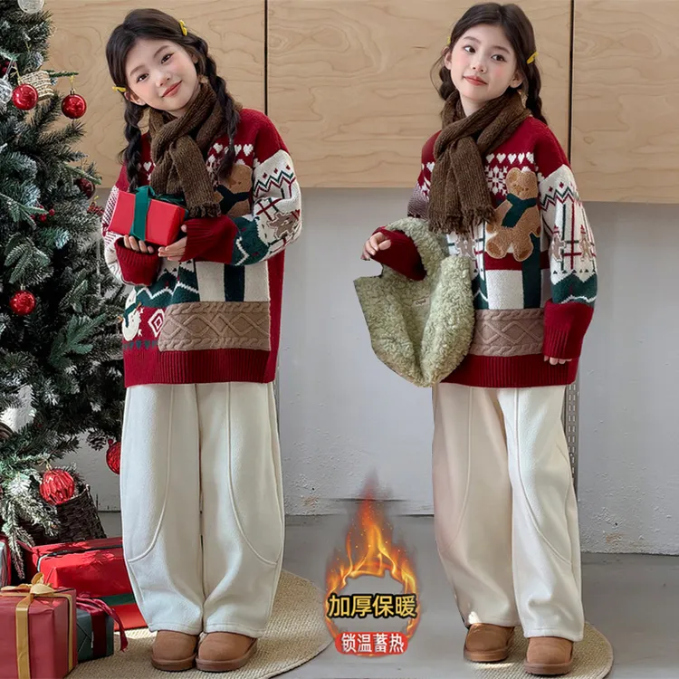 女童加厚毛衣2025洋气冬款女孩圣诞针织衫大童红色新年拜年服外穿